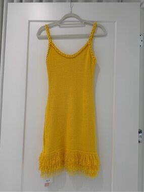 Sunshine Fringe Knit Mini Dress - Yellow